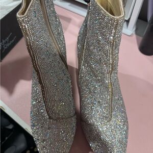 Betsey Johnson Silver Heeled Boots with Sparkly Finish
